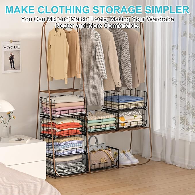Hongtamoya 4-Tier Sliding Closet Organizers and Storage Shelves, Stackable Closet Shelf Organizer Basket Bins, Drawer Shelf Storage Container for Wardrobe Cupboard Kitchen Bathroom Office, Black