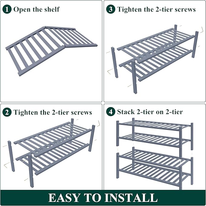 Smiry Bamboo Shoe Rack for Closet, 4 Tier Wooden Shoe Organizer, Stackable Wood Shoe Storage Shelf for Entryway, 14 Vertical Slats, 2+2 Stack Heavy-Duty Legs, 26.77"x11.02"x25.98", Grey