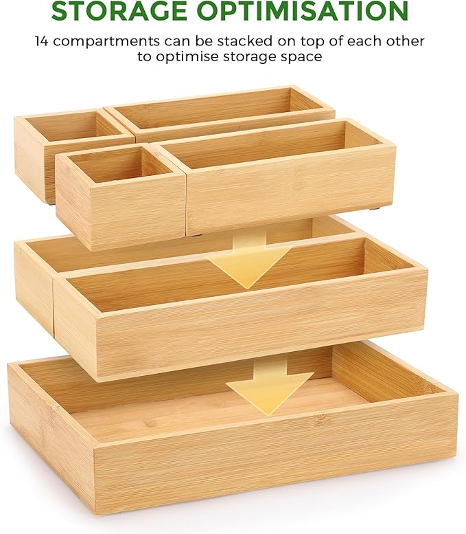 Bamboo Drawer Organizer Set, 14 PCS Multi-Use Individual Wood Storage Organizers