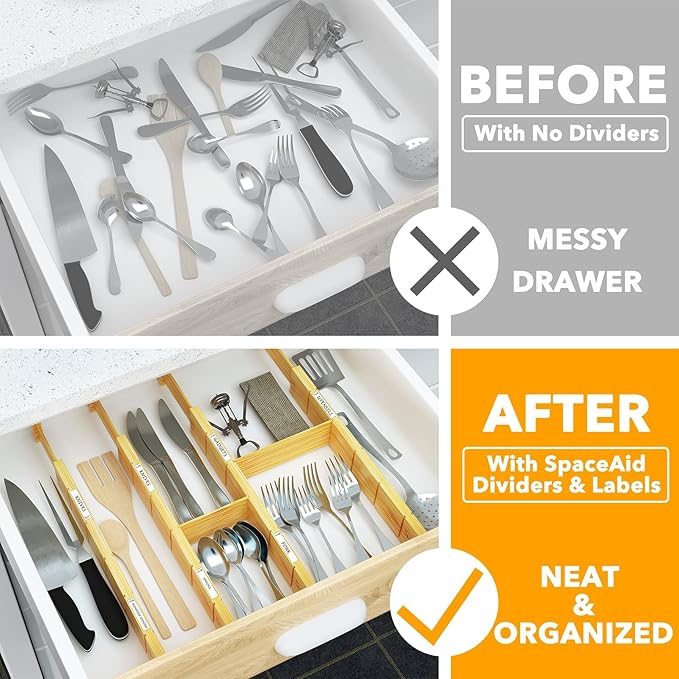Bamboo Drawer Dividers with Inserts and Labels, 13.25-17 in