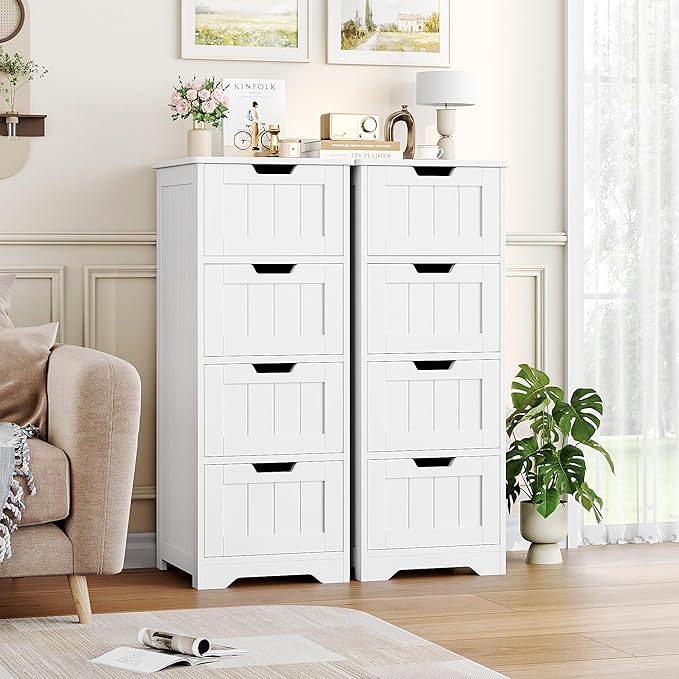 FOTOSOK Bathroom Storage Cabinet, Bathroom Cabinet with 4 Drawers, 11.8” x 11.8” x 32.5” Freestanding Entryway Cupboard Storage Organizer Unit Home Furniture Decor, White