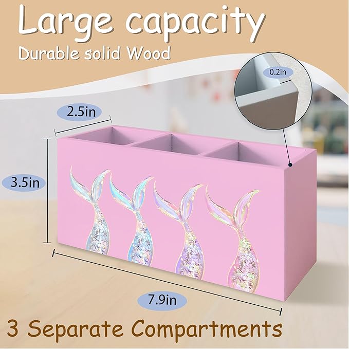 Mermaid Gifts for Girls Women, Pastel Mermaid Beach Pen Pencil Holder Organizer for Desk, Coastal Ocean Wooden Box Block Sign for Home Classroom Dorm Office Tabletop Decor（Pink）