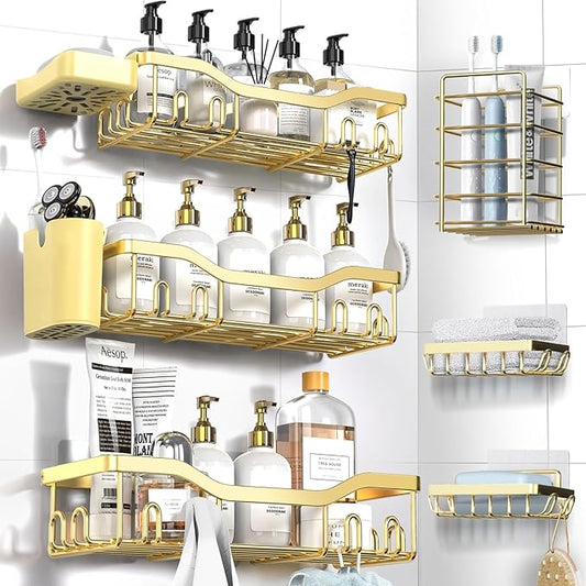 NESOMI Shower Caddy Adhesive Shower Organizer 8-Pack, Rustproof Stainless Steel Bathroom Shelves, Large Capacity No-Drill Rack Storage Accessories with Soap Dish Toothbrush Holder Hooks
