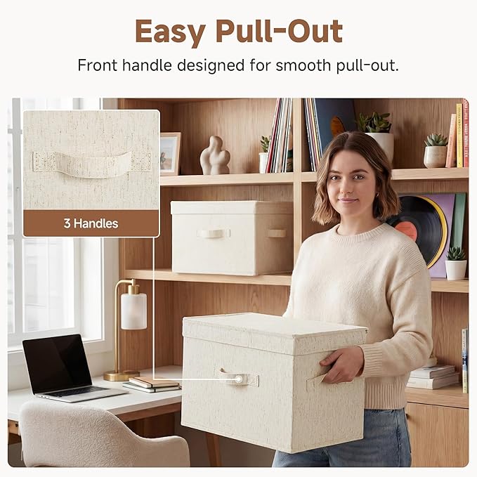 StorageWorks Fabric Storage Bins with Lid, Decorative Storage Boxes for Shelves, Stackable Closet Organizer Basket with Handles, Large, Beige, 2-Pack