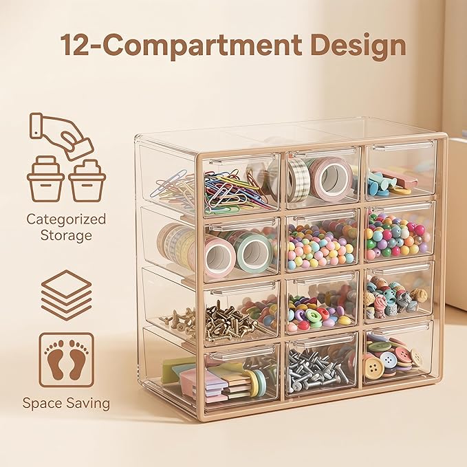 Acrylic Drawer Organizer, Clear Desk Organizer with Drawer, Plastic Stackable Storage Drawers with 12 Drawers, Dustproof for Jewelry, Craft, Office Supplies