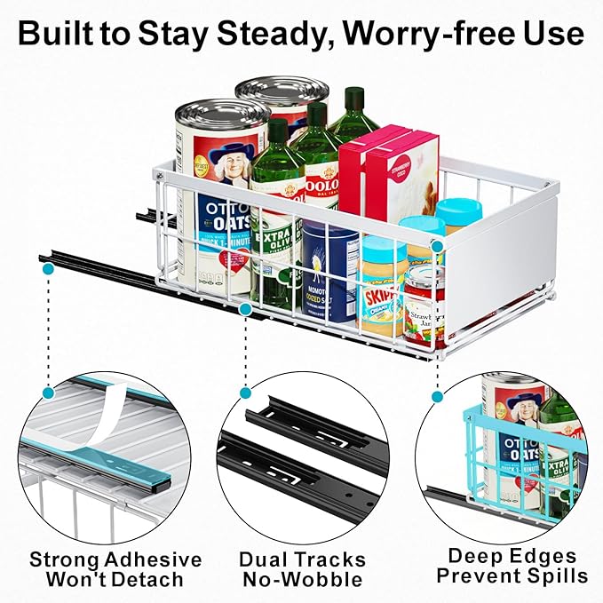 Pull Out Cabinet Organizer, Adhesive Slide Out Drawers with 6.9" High Sides