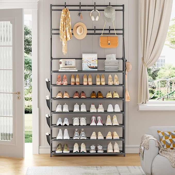 OYREL Shoe Rack 7 Tier Sturdy Shoe Racks for Closet Shoes Organizer for 28-35 Pairs Large Capacity Shoe Storage Rack with Multifunctional 5 Hooks and Side Pocket for Entrance Entryway