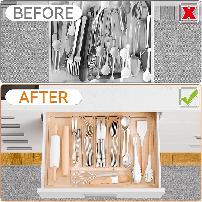 Large Clear Expandable Silverware Drawer Organizer for Kitchen
