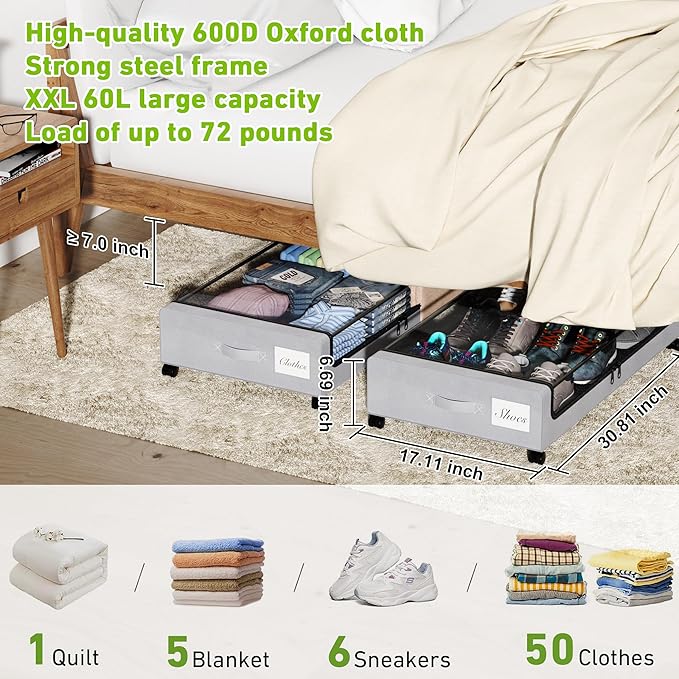 Tututry Under Bed Storage with Wheels, XXL 60L Under the Bed Storage Bins, Underbed Storage Containers with Lids & Label, Rolling Metal Drawer for Shoes, Clothes, Books, Toys (2-Pack Gray)