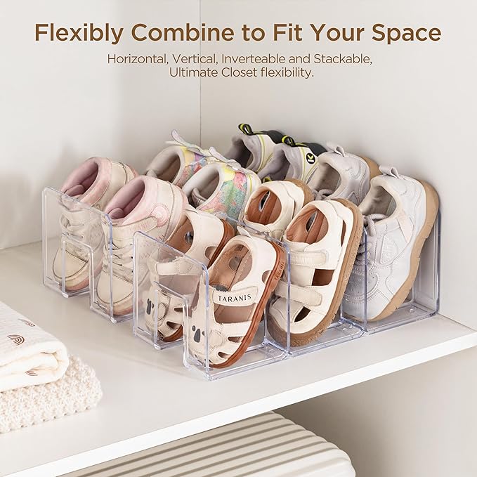 HBlife Widened 4.17 Inch Clear Acrylic Kids Shoe Rack for Closet Organizers and Storage, Small Shoe Rack 3 Sections Toddler Baby Shoe Storage Organizer Shelf, Desk File Book Purse Organizer(2 Pack)