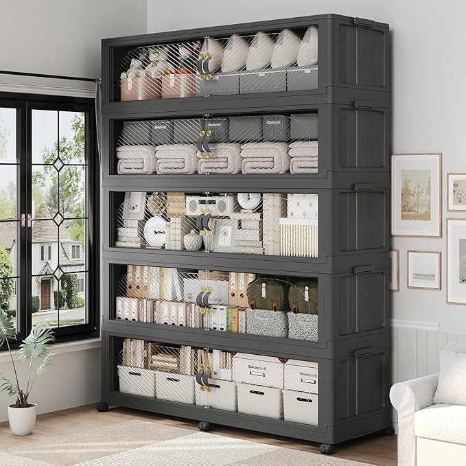 400Gal/1600QT 5-Tiers Extra Large Stackable Storage Bins with Lid, Collapsible Cabinet Closet Organizer Plastic Container Box with Wheels Doors Drawers for Office Dorm Kitchen, Black