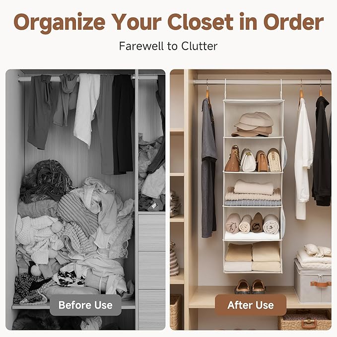 StorageWorks Hanging Closet Organizer, 5-Shelf Hanging Shelves with 2 Hooks, Foldable Space-Saving Design, Closet Organizers and Storage for Bedroom, Dorm, Locker, White & Ivory