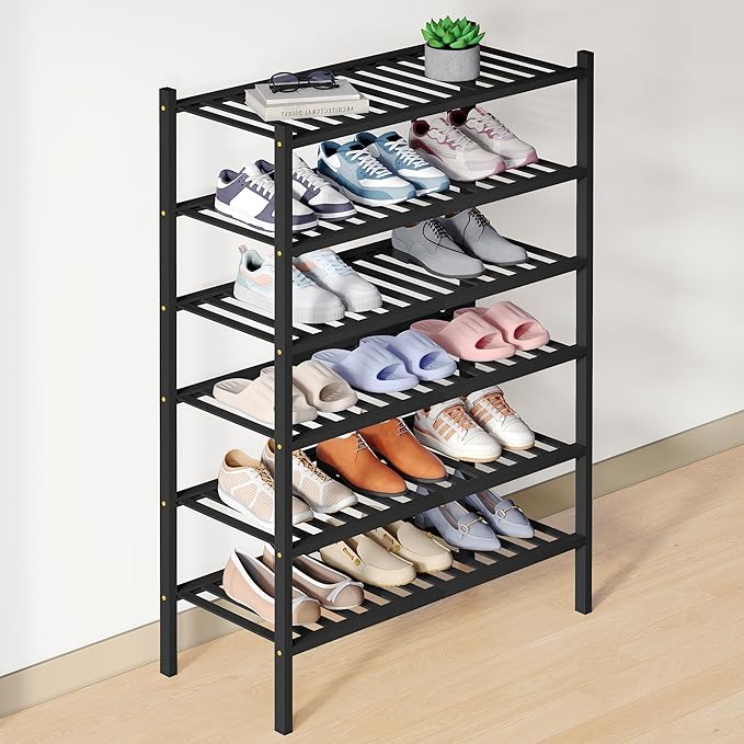 Smiry Bamboo Shoe Rack for Closet, 6 Tier Wooden Shoe Organizer, Stackable Wood Shoe Storage Shelf for Entryway, 14 Vertical Slats, 3+3 Stack Heavy-Duty Legs, 26.77"x11.02"x36.61", Black