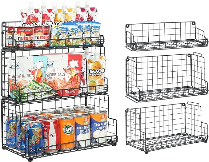 X-cosrack Stackable Wire Basket 3 Tier Countertop& Wall Mounted Metal Storage Basket for Kitchen Pantry Cabinet, Muti-functional Open Front Bin Organizer for Food Fruit Snack, Black