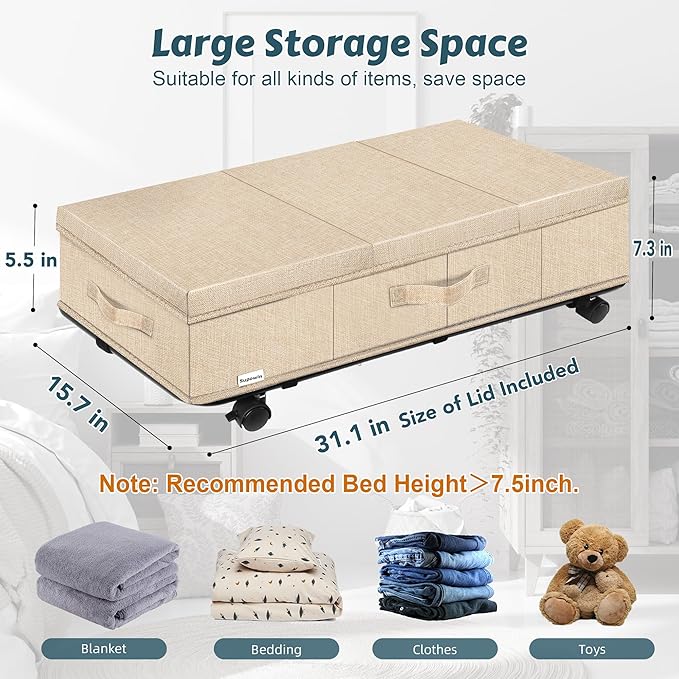 Supowin Under Bed Storage with Wheels, Rolling Underbed Storage Containers with Lids, Under Bed Shoe Storage Bins Organizer with Reinforced Metal Bottom Support and Three Handles