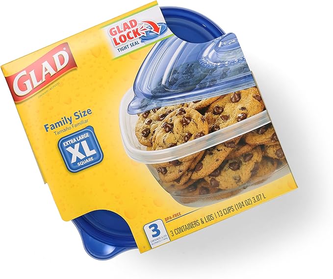 Glad GladWare XL Square Food Storage Containers with Lock Tight Lids, BPA-Free Family Size Plastic Containers for Leftovers, Meal Prep, and Freezer Storage, Dishwasher Safe, 104 Oz, 3 Count