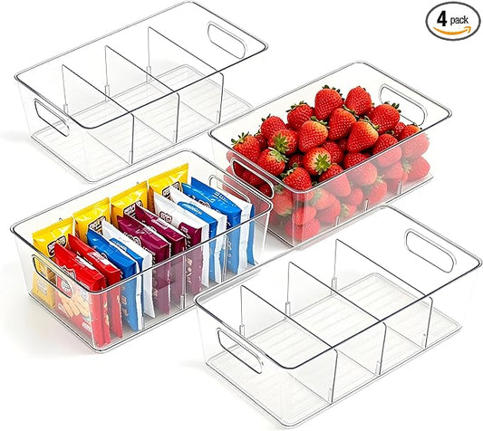 4 Pack Pantry Organizers and Storage, Food Storage Containers with 3 Removable Divider for Kitchen, Fridge, Cabinet Organization, Clear Plastic Storage Bins for Snacks, Spice Packets, Packets, Pouches
