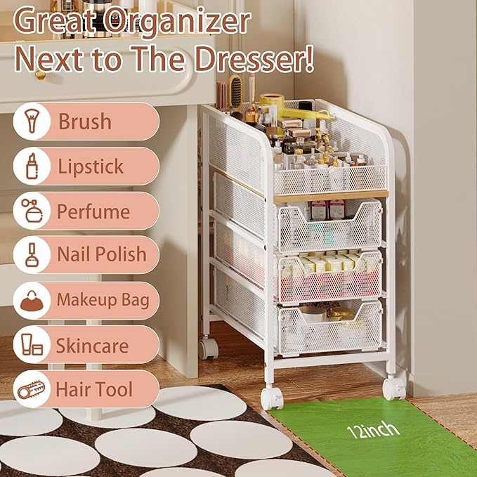 Rolling Makeup Cart Organizer with 3 Drawers