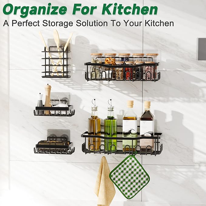 Shower Caddy 5 Pack Rustproof Stainless Steel Bath Organizers With Large Capacity, No Drilling Shelves, Adhesive Shower Caddy, for Bathroom Storage & Home Decor, SC02, Black