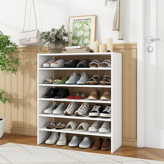 Tangkula 6-Tier Stackble Shoe Rack for Closet, Space Saving Wooden Corner Shoe Storage Shelf for 18 Pairs, 3-in-1 Adjustable White Shoe Organizer for Front Door Entryway