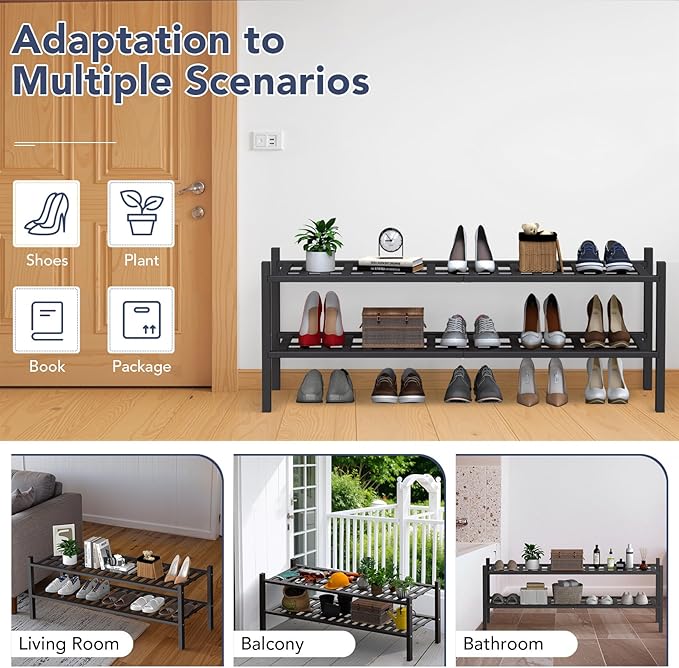 Haddockway Long 2 Tier Bamboo Shoe Rack Storage Organizer, Multifunctional Free Standing Stackable Shoe Shelf with Grid Panel for Closet,Hallway,Entryway,Small Space 34.2"x11"x13"
