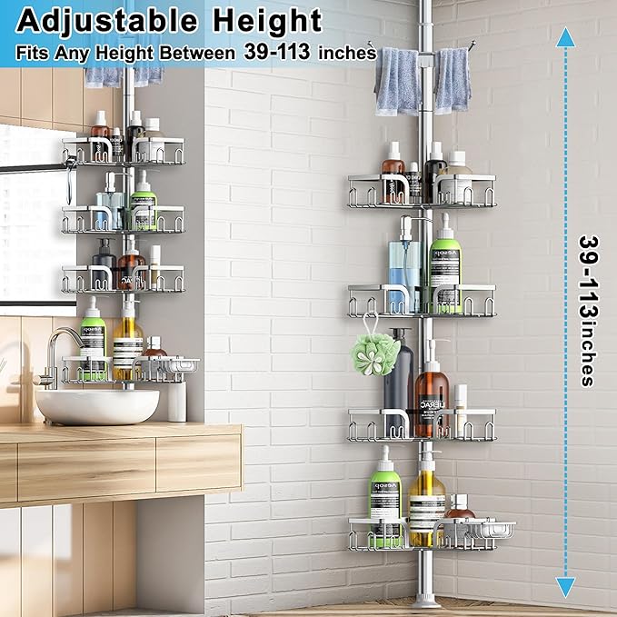 Corner Shower Caddy Tension Pole 4 Tier Adjustable Stainless Steel Shower Shelf for Inside Shower Bathtub Shampoo,Standing Bathroom Organizer Shelves with 39 to 113 inch Height