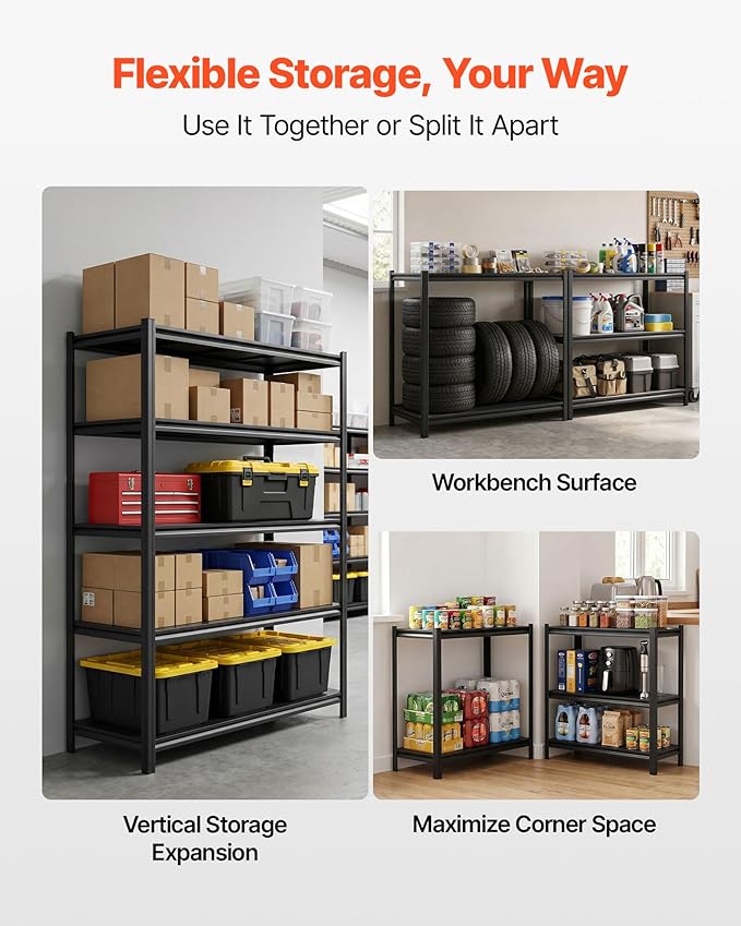 VEVOR Storage Shelves, 5-Tier Adjustable, 2500 lbs Capacity, Heavy Duty Garage Storage Shelving Unit, Metal Utility Rack Shelf, for Garage Warehouse Basement Kitchen, 48.43" W x 18.31" D x 71.38" H
