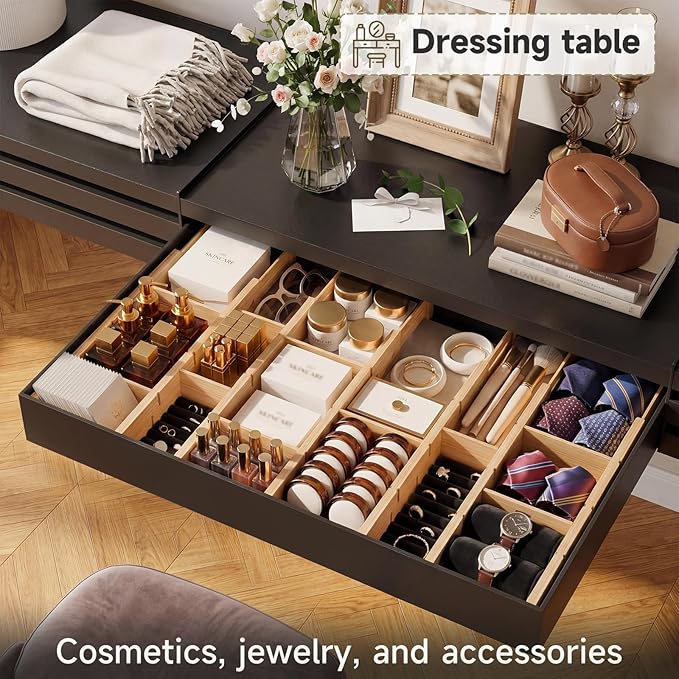 Bamboo Drawer Dividers, Expandable Kitchen Drawer Organizer, Include 8 Dividers, 8 Small Inserts and 8 Medium Inserts for Home, Office, Dressers