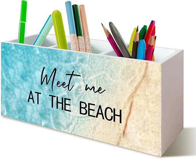 Meet Me at The Beach Pen Holder for Home Office Kitchen Desk Decor, Coastal Makeup Brush Toothbrush Holder Organizer for Bathroom Desk Accessories, Beach Gifts for Women Men