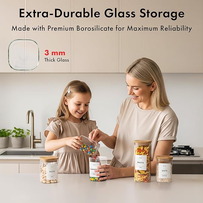 EDELHAUS Square Glass Storage Containers with Bamboo Lids 12-Pack (4x 30 oz, 8x 17 oz) Airtight Glass Storage Jars with Lids for Food, Stackable Glass Kitchen Canisters with 114 Labels for Pantry
