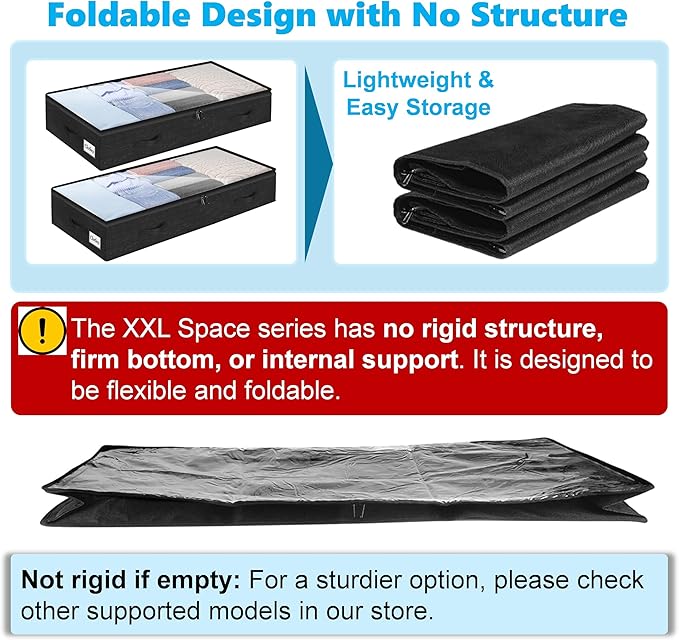 2 Pack 100L Under Bed Storage Containers, Low Profile Closet Organizers and Storage Bins for Dorm, Foldable Underbed Bag for Clothes, Blanket, Sheet, Wrapping Paper, Clear Window & Dual Zippers, Black