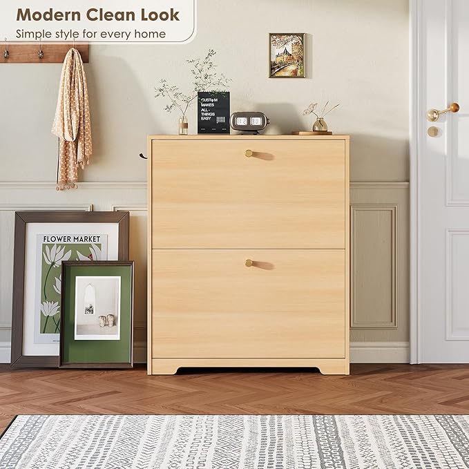 Nicetree Shoe Storage Cabinet with 2 Flip Drawers, Slim Shoe Cabinet, Hidden Shoe Rack Cabinet, Shoe Storage Cabinet for Entryway, Hallway, Foryer, Natural Oak
