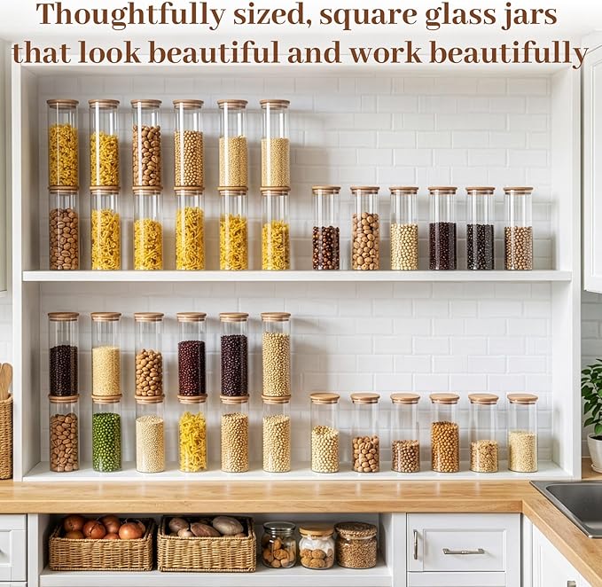 77L Stackable Glass Food Storage Containers with Lids [Set of 8 ], Airtight Glass Canister for Kitchen & Pantry Organization, Clear Borosilicate Jars for Pasta, Cereal, Flour, Sugar, Nuts