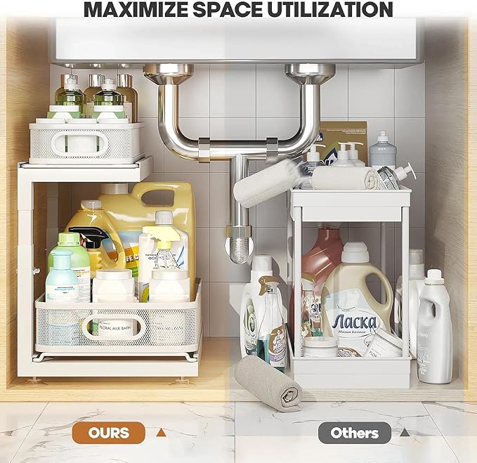 2-Pack Under Sink Storage Organizer with 2-Tier Slide Out Drawer, Sophisticated Mesh Pull Out Shelf for Kitchen & Bathroom, Fits Small Items, Upgraded Arched Track for Smooth Gliding-Gun Gray