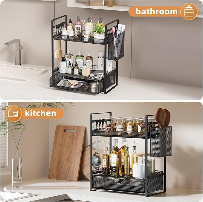 2 Tier Bathroom Organizer Countertop with Drawer, Black