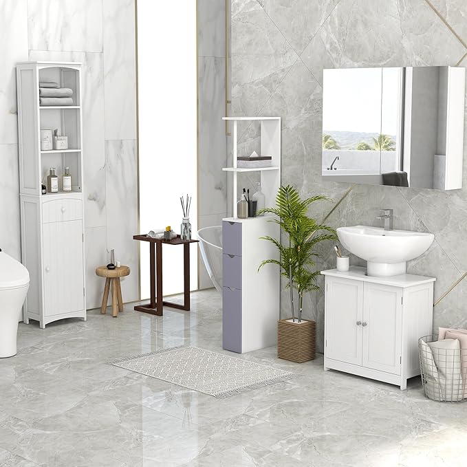 HOMCOM Under Sink Bathroom Cabinet, Pedestal Sink Storage Cabinet with 2 Doors, Shelf and U-Shape, White