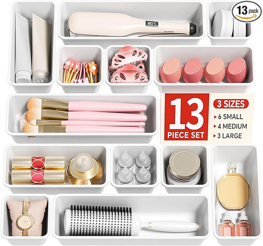 13 Pack Plastic Drawer Organizers Set, White