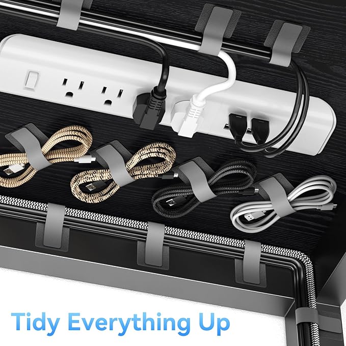 100Pcs Cable Straps Hook and Loop Cable Ties - Cable Holder for Desk Cable Management Under Desk - Computer Cord Organizer for Home Office Gaming Setup - Black