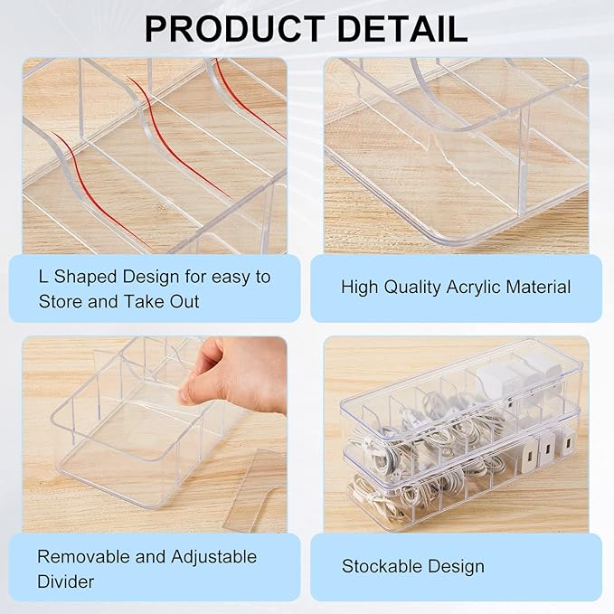Tatuo 6 Pcs Cable Organizer Box with Wire Ties, Plastic Cord Storage Box with Lid, Electronics Organizer for Home Office Desk Organizers and Accessories (Clear)