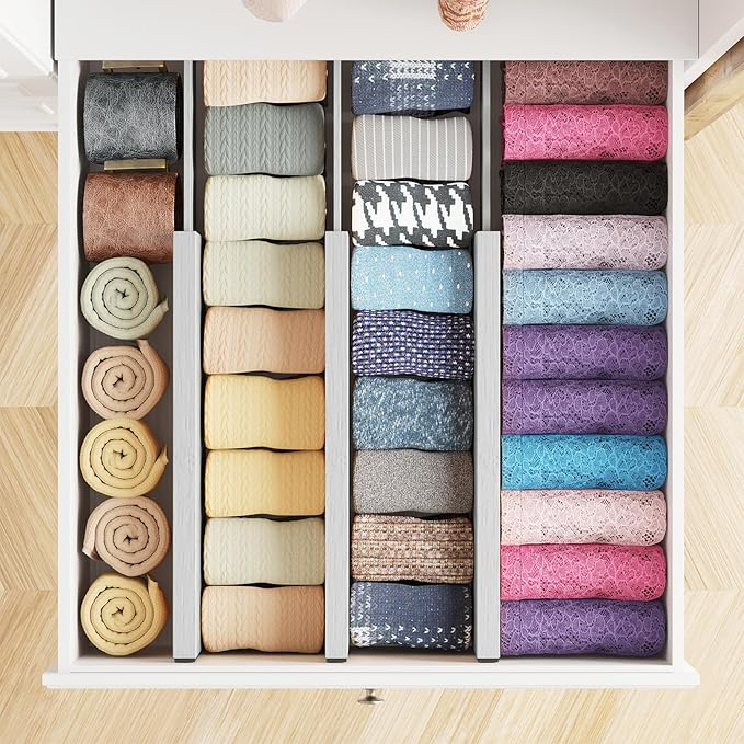 SpaceAid Bamboo Dresser Drawer Dividers 6 Pack, 4.65“ High Adjustable 12.5“-17” Drawer Organizers, Expandable Organization for Clothing, Clothes, Dressers, Gray