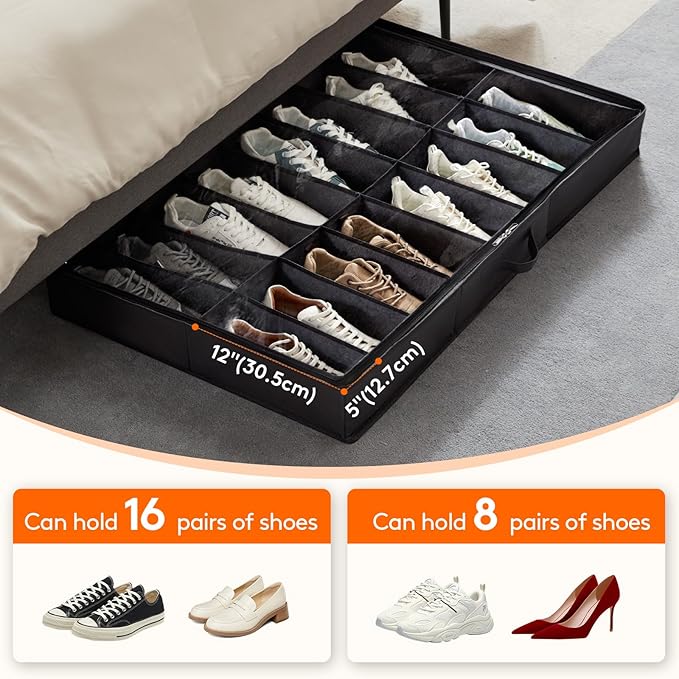 Lifewit Under Bed Shoe Storage Organizer 1 Pack(16 Shoes Cells), 4.3 Inches Profile Fabric Shoes Container Box with Clear Cover, Foldable Storage Bag with 2 Handles, Fits 8 to 16 Pairs