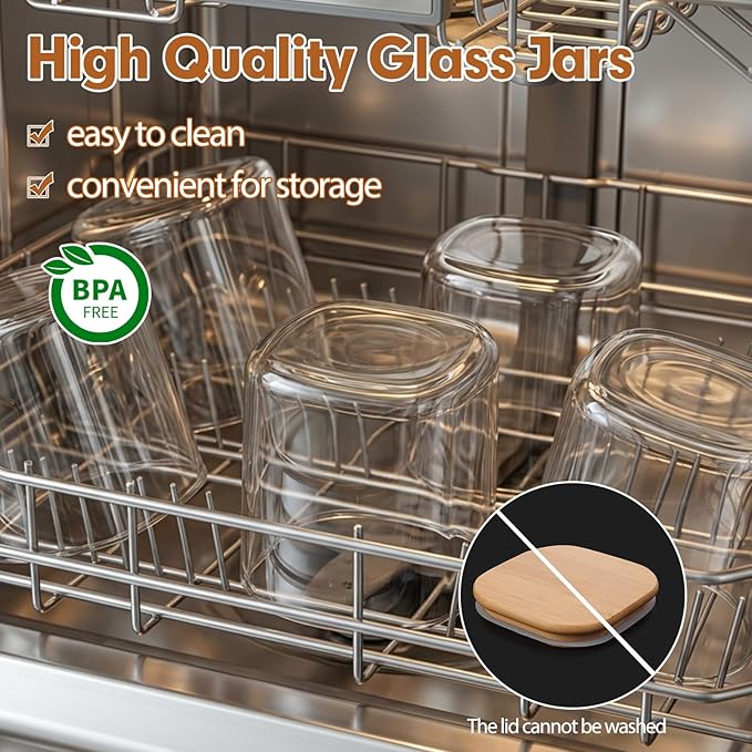 Moretoes 6 Pack 0.6qt Square Glass Storage Containers with Bamboo Lids, Airtight Food Storage Jars for Pantry, Spices, Dry Goods