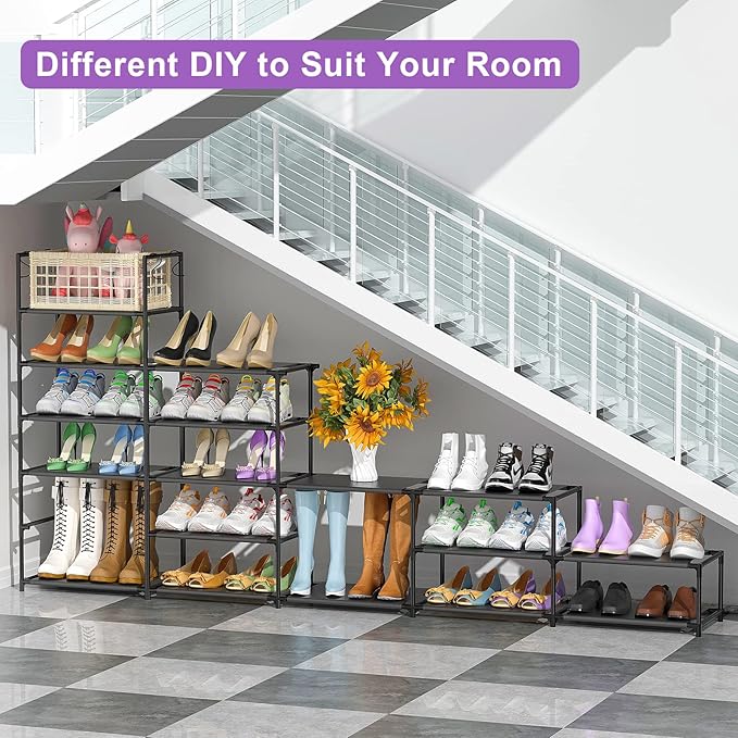 Kottwca Shoe Rack Organizer, Large Shoe Rack for Entryway Closet, Metal Shoe Shelf for Shoes and Boots, Big Non-Woven Fabric Shoe Storage Organizer with Hooks for Cloakroom, Black…