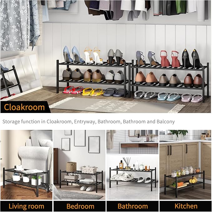 Shoe Rack, 2-Tier Bamboo Stackable Shoe Shelf Storage Organizer