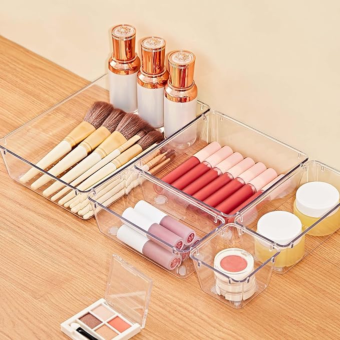SMARTAKE 22-Piece Drawer Organizer with Non-Slip Silicone Pads, 5-Size Clear Desk Drawer Organizer Trays Storage Tray for Makeup, Jewelries, Utensils in Bedroom Dresser, Office and Kitchen, Clear
