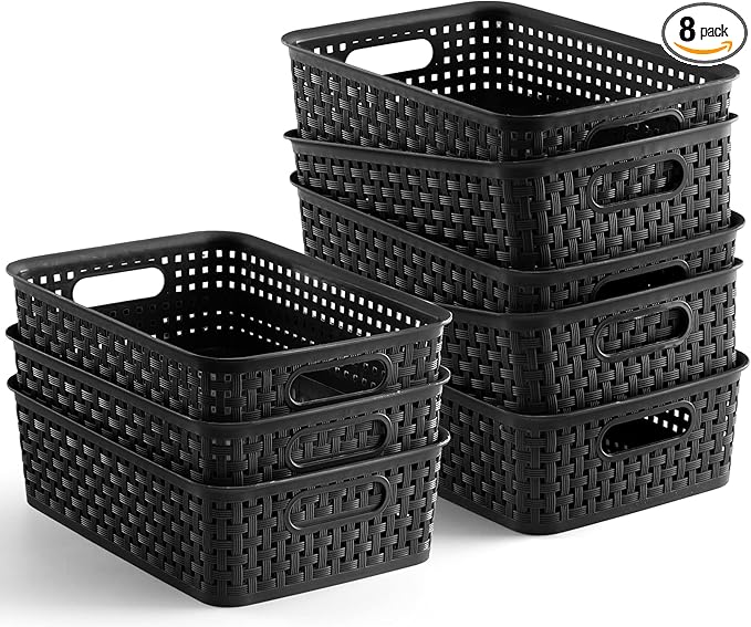 [ 8 Pack ] Plastic Storage Baskets, Small Pantry Organization and Storage Bins, Household Organizers for Laundry Room, Bathrooms, Kitchens, Cabinets, Countertops, Under Sink or Shelves, Black