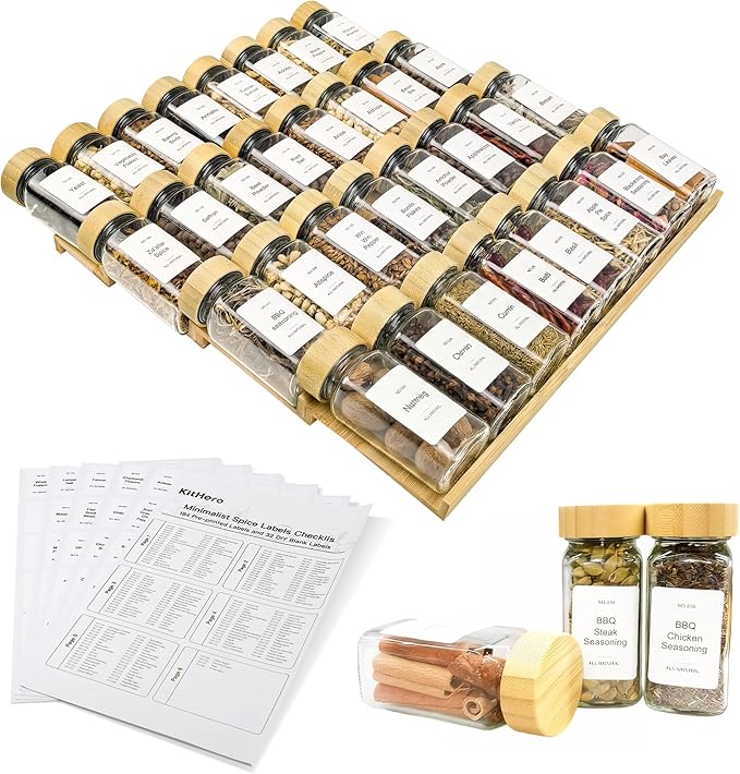 Spice Drawer Organizer with 35 Bamboo-lidded Spice Jars, 216 Labels