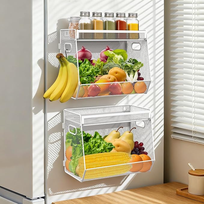 1 SET Magnetic Shelf for Fridge with Lid, Fruit Potato and Onion Storage Bins, Pantry Organizers and Storage, Large Container Magnetic Spice Rack for Refrigerator, Kitchen Counter & Cabinet
