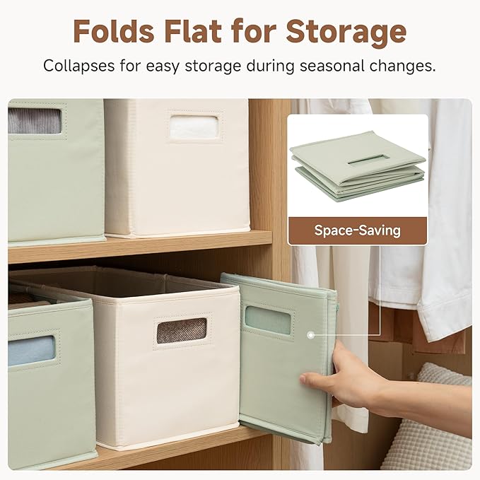 StorageWorks Fabric Storage Bins for Shelves, Closet Organizers and Storage Baskets, Collapsible Storage Bins with Cutout Handles, Medium, 2-Pack, Ivory and Light Green