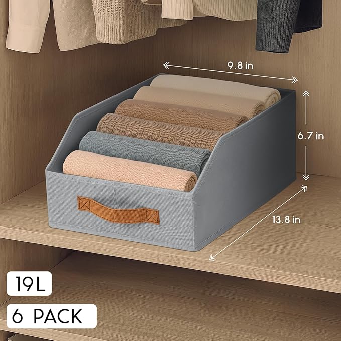 Homsorout Fabric Storage Bins for Organizing - 6 Pack Large Trapezoid Collapsible Storage Bins with Front Handle, Closet Organizers and Storage for Bedroom, Home Shelves, Small Spaces, Grey